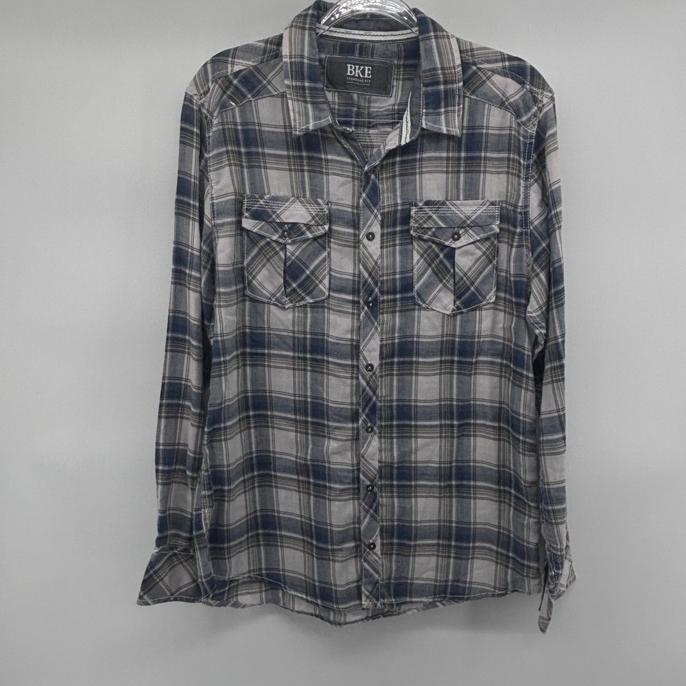 BKE Mens Plaid Button Up Shirt Long Sleeve Western Casual Gray Blue Large